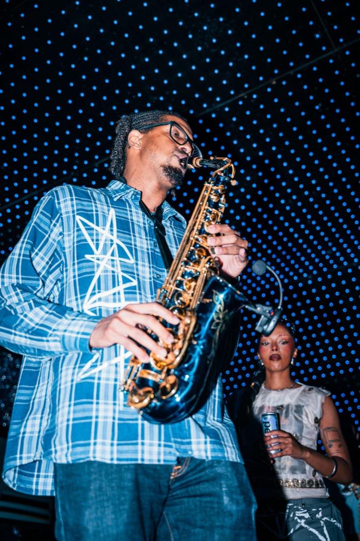 Sax under the blue LEDs.